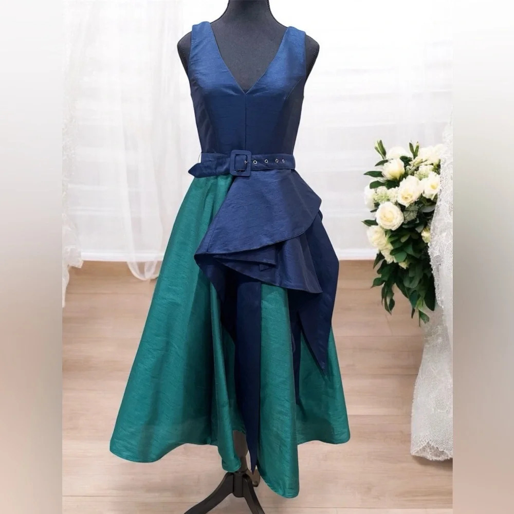 Asymmetric Ruffle Two-Tone Dupioni Belted Dress women size extra small XS